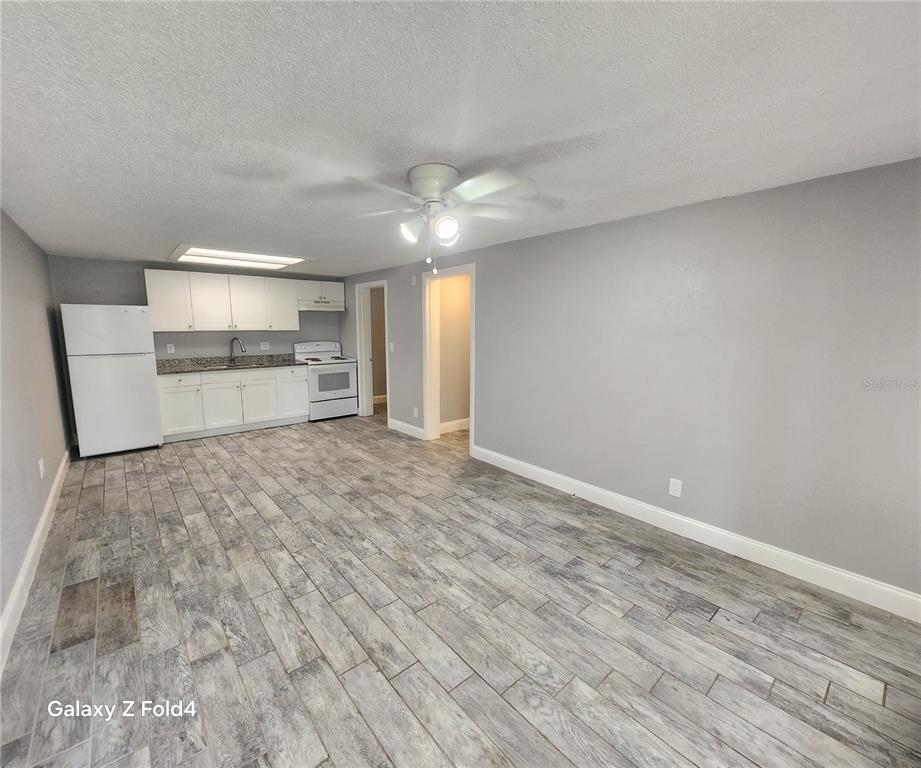 A kitchen and living area feature gray walls, wood-look tile flooring, and white cabinetry — 1400 STRAWBERRY PLACE UNIT 46, PLANT CITY, FL