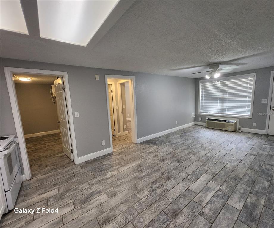 A living room with gray walls, wood-look tile flooring, and two doorways leading to other rooms — 1400 STRAWBERRY PLACE UNIT 46, PLANT CITY, FL