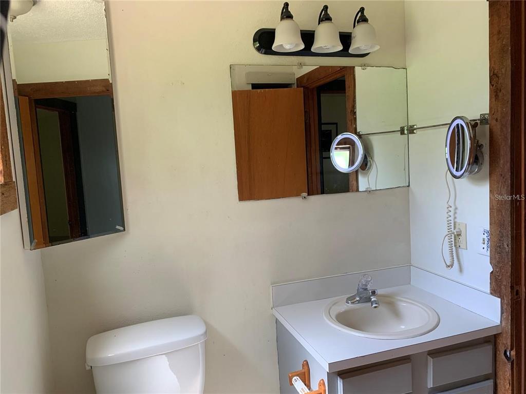 A bathroom features a white vanity, a toilet, two mirrors, and a three-light fixture — 224 CHESNEY BOULEVARD, FROSTPROOF, FL