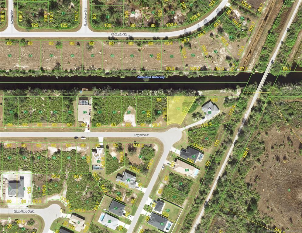 This is an aerial map showing residential lots, streets, and a waterway — 326 BAYTREE DRIVE, ROTONDA WEST, FL
