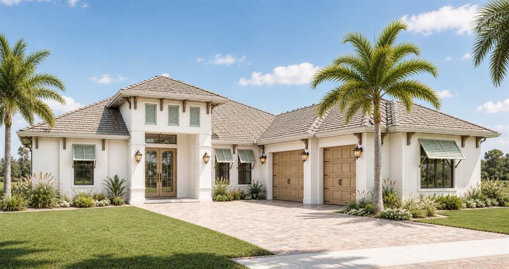 A living room features a tray ceiling, a media console, and four armchairs around an ottoman — 7808 34TH COURT E, SARASOTA, FL