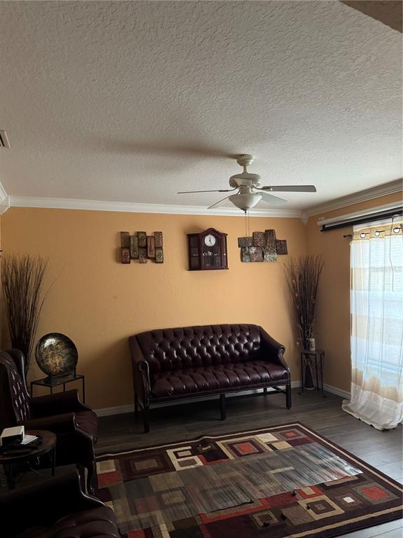 A living room features a tufted leather sofa, a patterned rug, and a ceiling fan — 116 SPOONBILL COURT, KISSIMMEE, FL