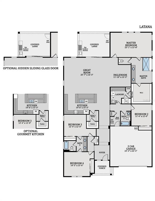 This floor plan shows a four-bedroom house with a kitchen, great room, and two-car garage — 2960 GARDEN TRAIL BEND, ST CLOUD, FL