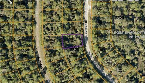 This aerial map shows a highlighted vacant residential lot situated between two paved streets — BUTTON STREET, NORTH PORT, FL