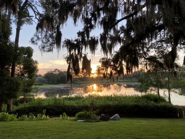 A wooden footbridge sits in a grassy backyard overlooking a lake surrounded by trees — 873 PICKFAIR TERRACE, LAKE MARY, FL