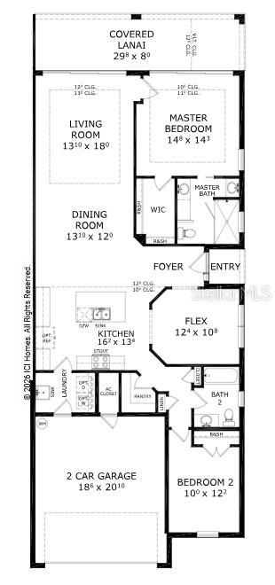 This is a floor plan for a single-story home with two bedrooms, a flex room, and garage — 52 BRIGHTON LANE, ORMOND BEACH, FL