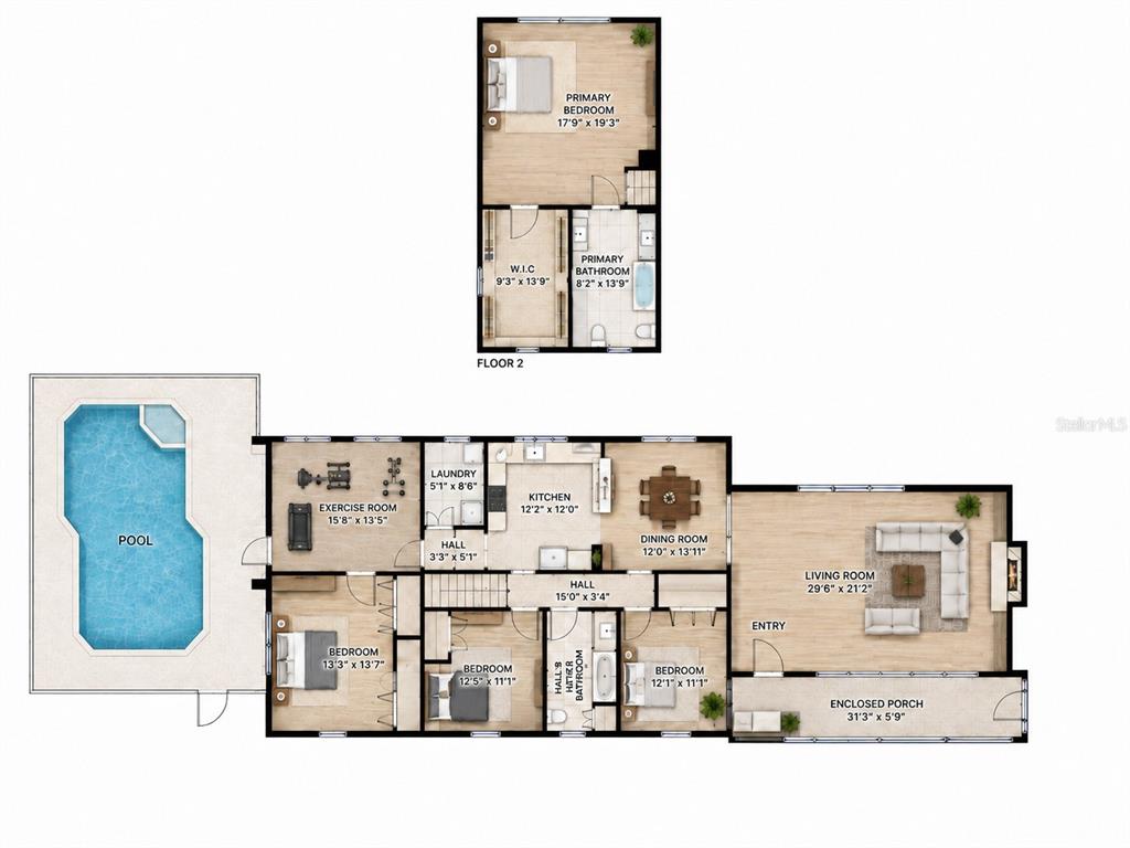 This is a two-story floor plan featuring a pool, multiple bedrooms, and an enclosed porch — 2120 HURLEY DRIVE, BARTOW, FL