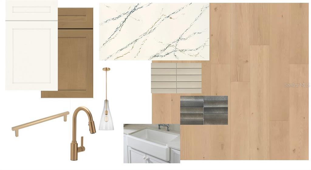 This design board displays kitchen finishes including cabinetry, marble-look countertops, light wood flooring, and fixtures — 17588 FOXTAIL LOOP, VENICE, FL