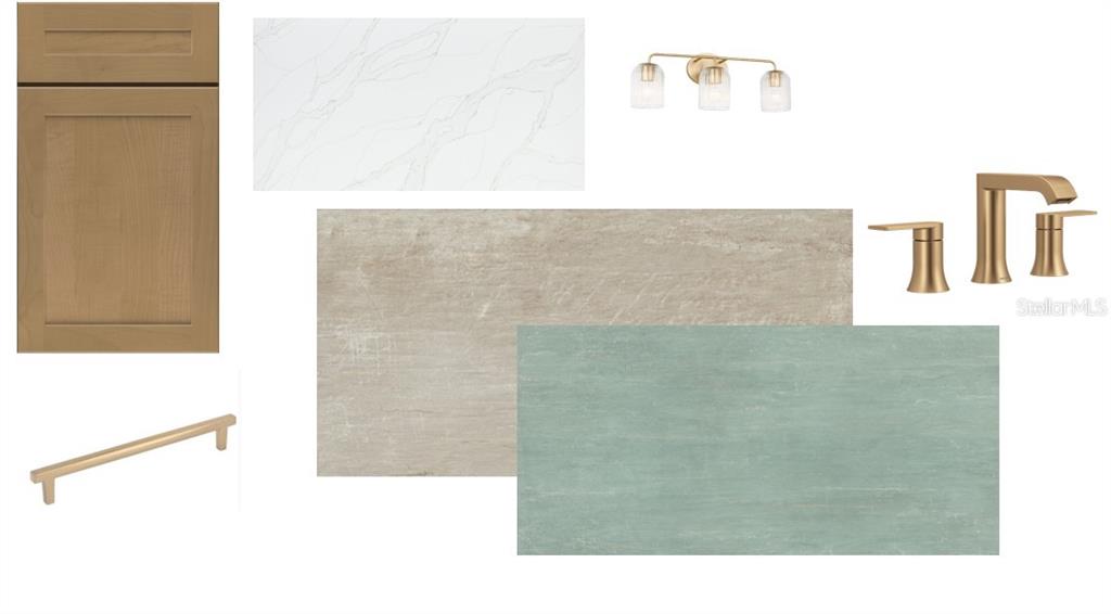 This design board displays cabinet, countertop, lighting, hardware, and tile samples for a bathroom renovation — 17588 FOXTAIL LOOP, VENICE, FL