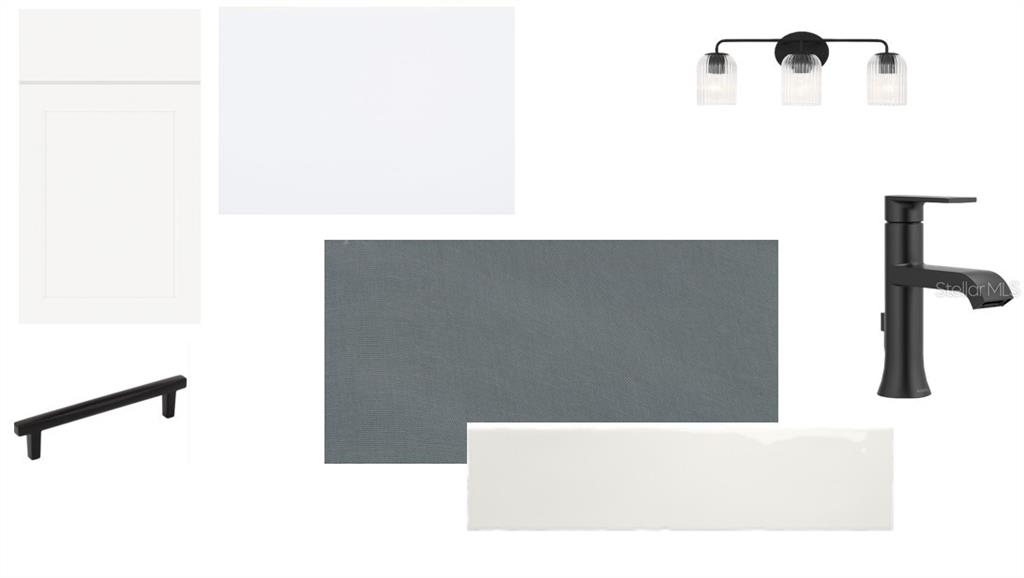 This digital design board displays white cabinetry, matte black hardware, a faucet, and tile samples — 17588 FOXTAIL LOOP, VENICE, FL