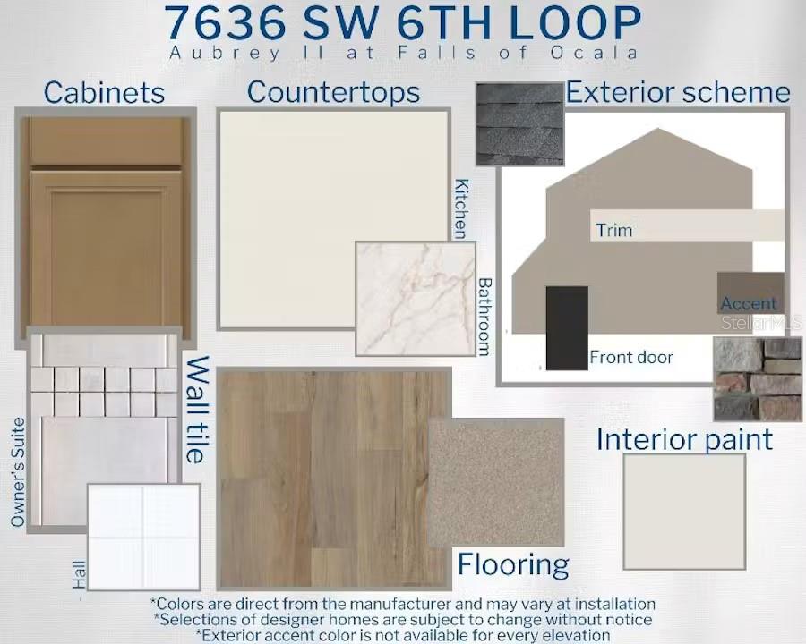 This design board displays material and color selections for a home's interior and exterior finishes — 7636 SW 6TH LOOP, OCALA, FL