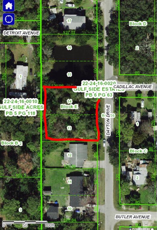 This is a property map showing two adjacent vacant lots outlined in red — TBD DAYTON, HUDSON, FL