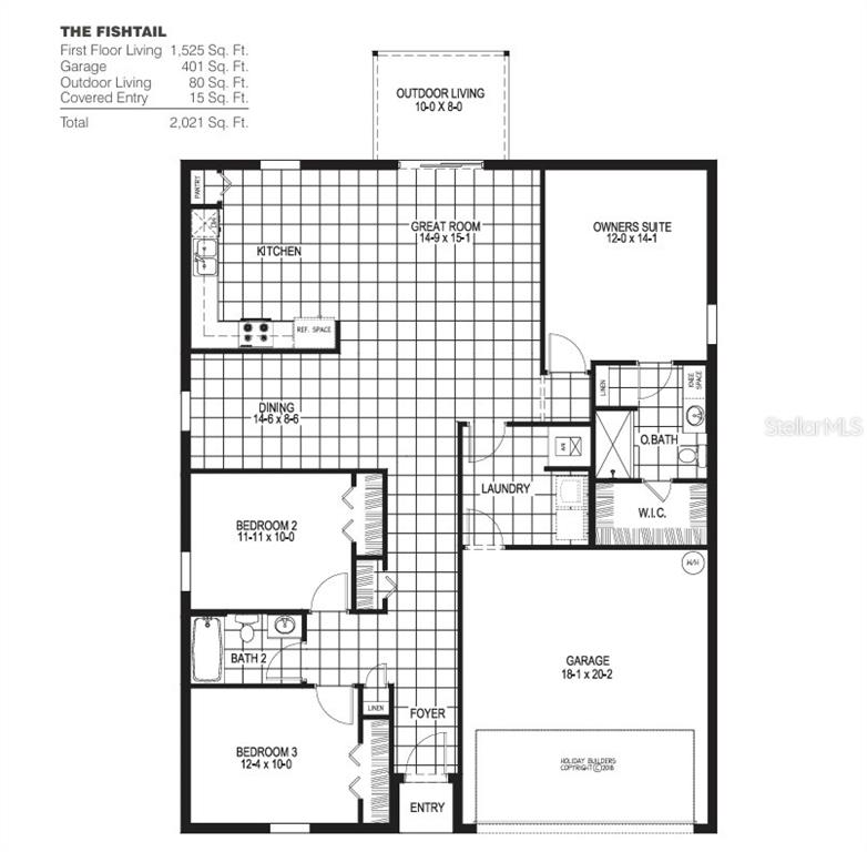 This is a floor plan for a three-bedroom house with a two-car garage — 8810 PINE BARK WAY, WILDWOOD, FL
