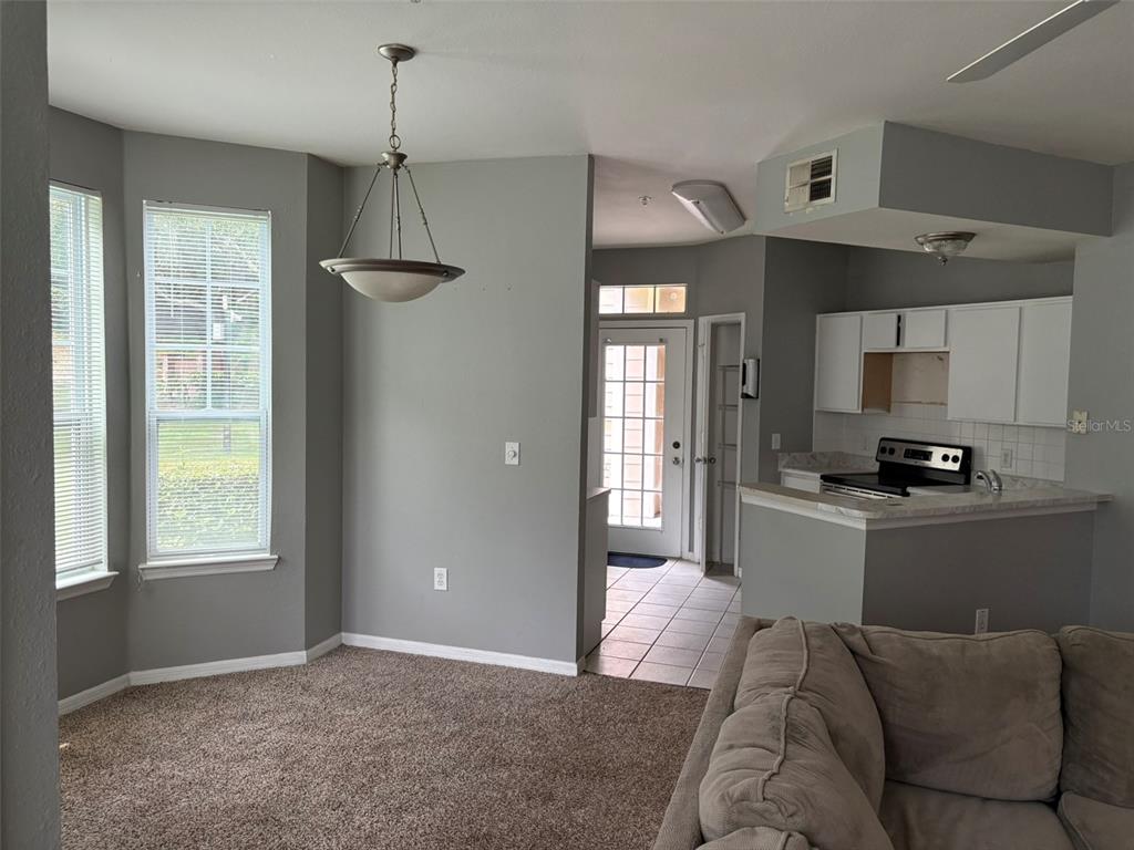 A living area with carpeted flooring, a dining nook, and an adjacent kitchen with white cabinets — 1101 VINTAGE VILLAGE LANE UNIT 110, OCOEE, FL