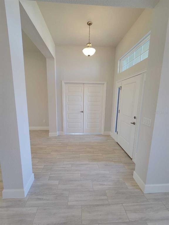 An entryway features light wood-look tile flooring, a hanging pendant light, and white double doors — 16464 SW 54TH COURT ROAD, OCALA, FL