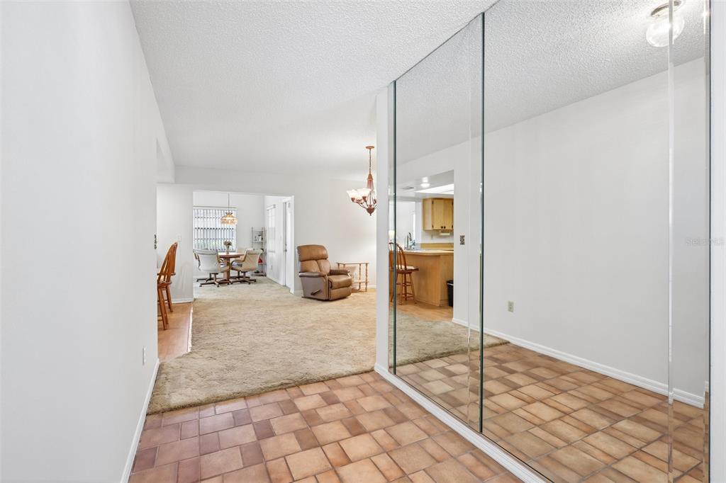 A tiled entryway leads to a carpeted living area with a mirrored wall and kitchen — 2017 HAMPSTEAD CIRCLE, SUN CITY CENTER, FL
