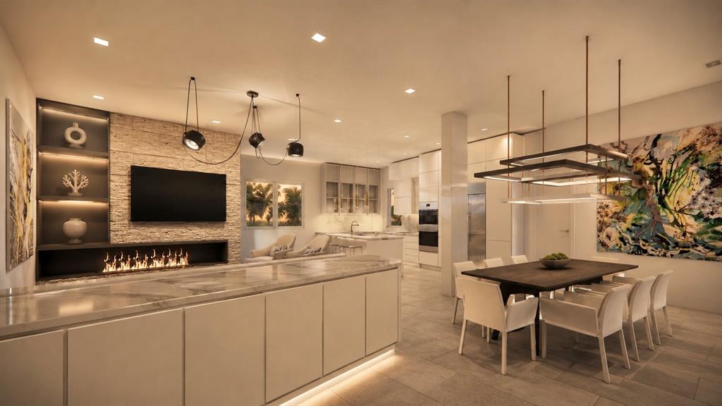 This rendering shows a modern open-concept living room, dining area, and kitchen with stone accents — 610 HIBISCUS WAY, LONGBOAT KEY, FL