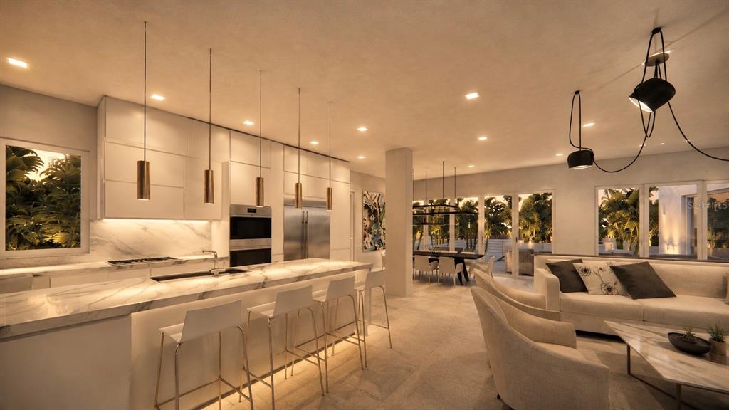 This rendering shows a modern open-concept kitchen and living area with marble countertops and lighting — 610 HIBISCUS WAY, LONGBOAT KEY, FL