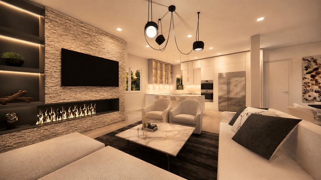 This rendering shows a modern living room with a stone fireplace, television, and open kitchen — 610 HIBISCUS WAY, LONGBOAT KEY, FL