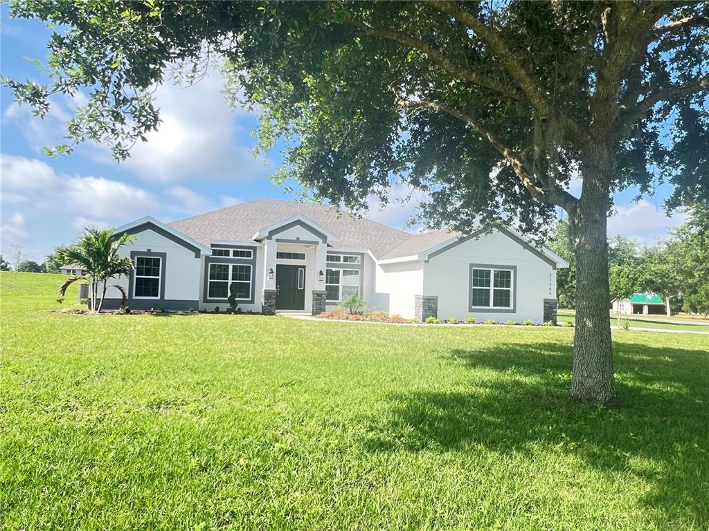 A single-story house with a white exterior, gray trim, and a large front yard tree — 37266 HIDDEN VIEW CIRCLE, DADE CITY, FL
