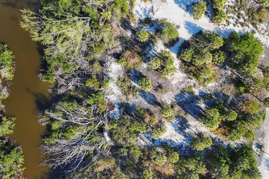 An aerial view shows a sandy, wooded lot bordering a dark, narrow body of water — 6150 RUM COVE DRIVE, PLACIDA, FL