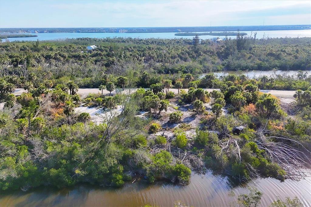 An aerial view of a coastal lot featuring dense vegetation, sandy patches, and nearby water — 6150 RUM COVE DRIVE, PLACIDA, FL