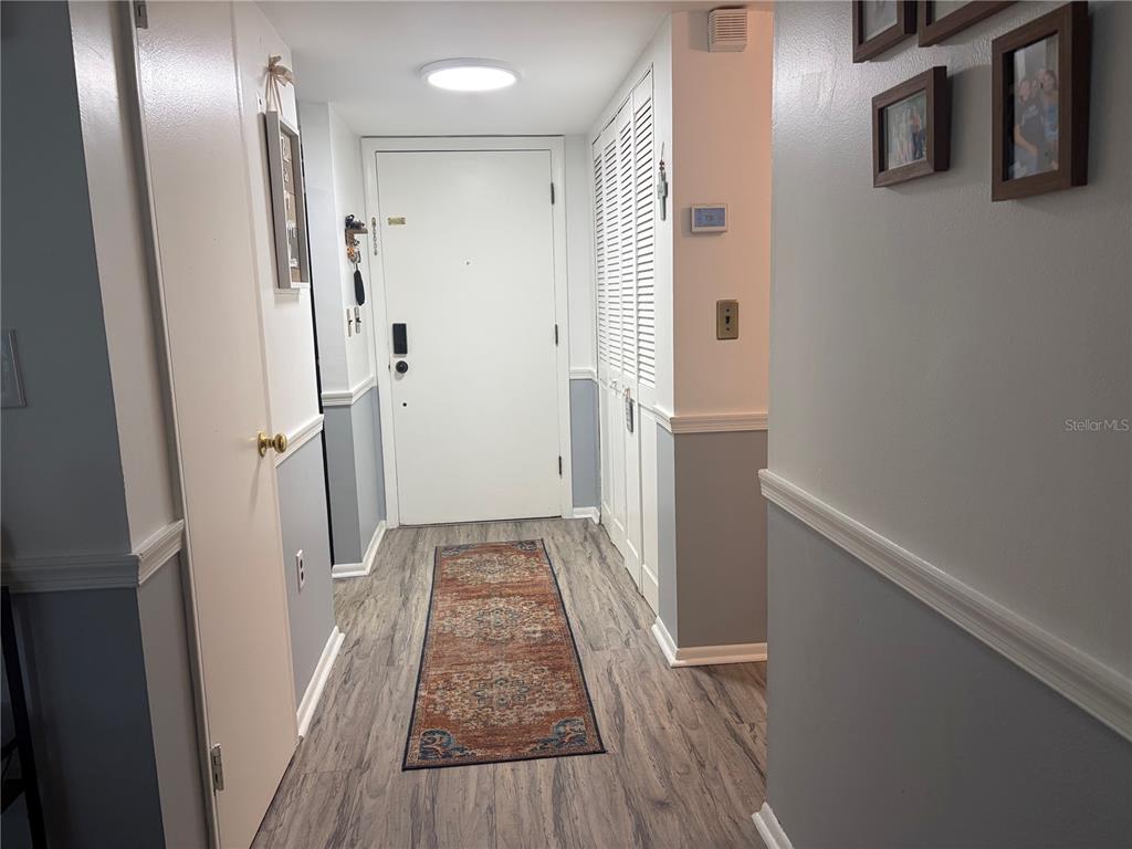 A hallway features wood-look flooring, a runner rug, a white entry door, and louvered closet doors — 6002 AMBERLY AVENUE UNIT F, ORLANDO, FL