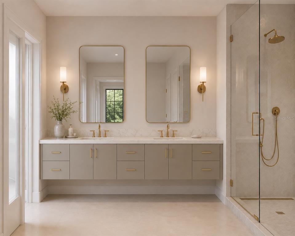 This rendering shows a modern bathroom with a floating double vanity, gold fixtures, and shower — 926 ENCLAVE PLACE, WINTER PARK, FL
