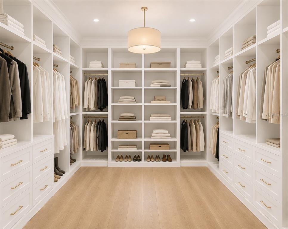 This is a rendering of a walk-in closet with white shelving, hanging clothes, and wood flooring — 926 ENCLAVE PLACE, WINTER PARK, FL