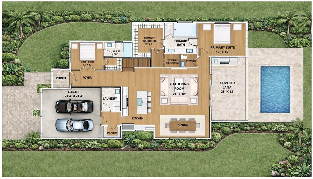 This floor plan shows a single-story house with a garage, pool, and covered lanai — 926 ENCLAVE PLACE, WINTER PARK, FL