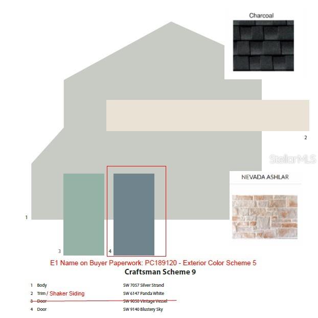 This rendering displays an exterior color scheme palette featuring paint swatches, stone, and roofing materials — 2662 FIDDLE LEAF LOOP, APOPKA, FL
