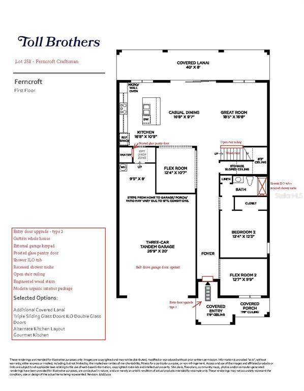 This floor plan shows the first level of a house with a three-car tandem garage — 2662 FIDDLE LEAF LOOP, APOPKA, FL