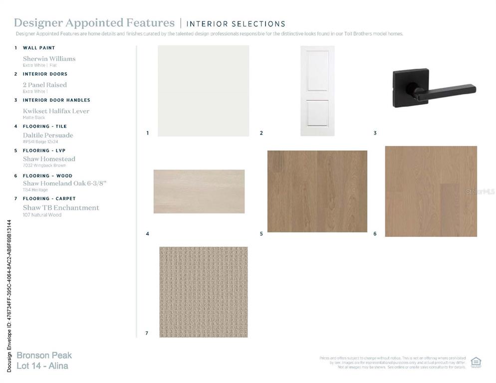 This document displays a list of interior design finishes including paint, doors, hardware, and flooring — 2662 FIDDLE LEAF LOOP, APOPKA, FL