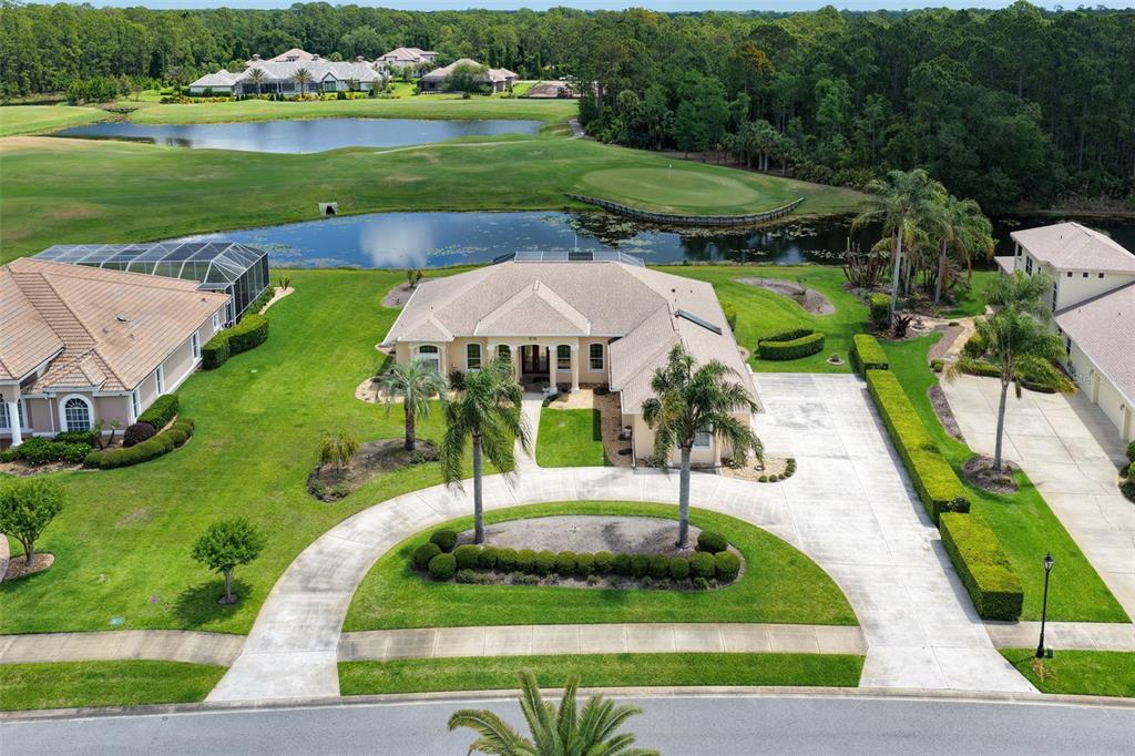 An aerial view shows a house with a circular driveway, palm trees, and a pond — 1023 HAMPSTEAD LANE, ORMOND BEACH, FL