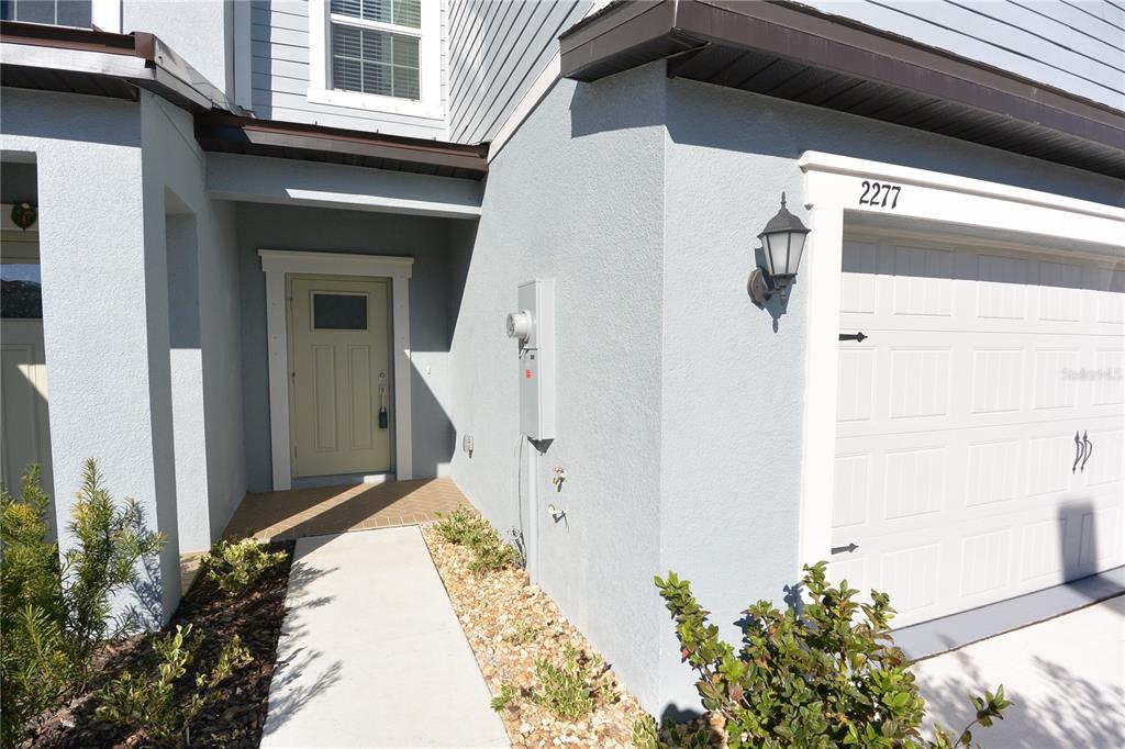 A light-colored house exterior features a front door, a garage, and a concrete walkway — 2277 CERULEAN SKY DRIVE, LUTZ, FL