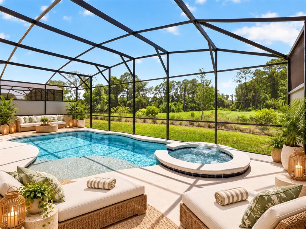 A screened-in swimming pool and hot tub overlook a grassy backyard and wooded area — 1242 BUTTERFLY ORCHID ROAD, DAVENPORT, FL