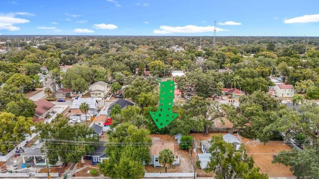 An aerial view shows a residential lot with a green arrow pointing toward the property — 1008 E 24TH AVENUE, TAMPA, FL