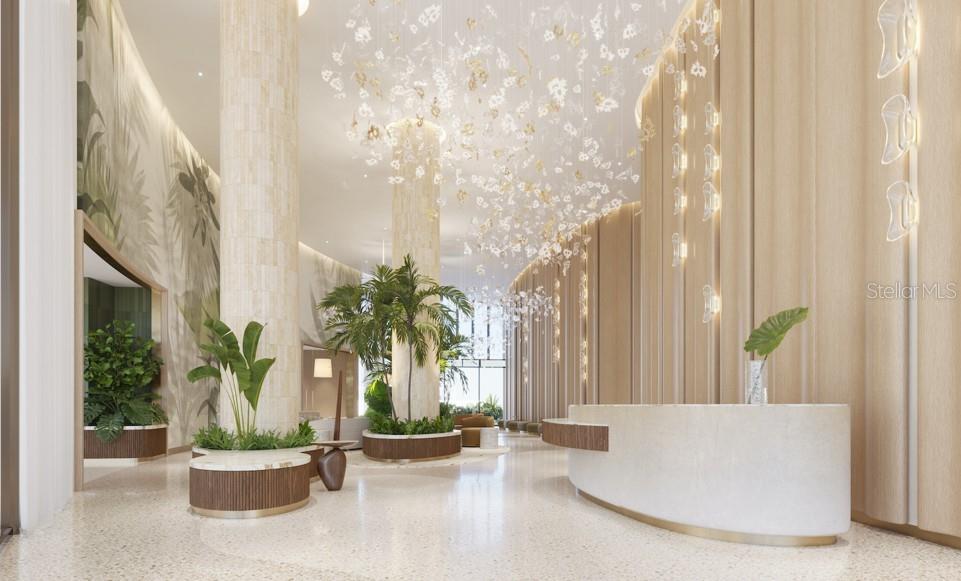 This is a rendering of a modern lobby featuring a reception desk and decorative lighting — 5100 COCONUT ROAD UNIT 705, ESTERO, FL