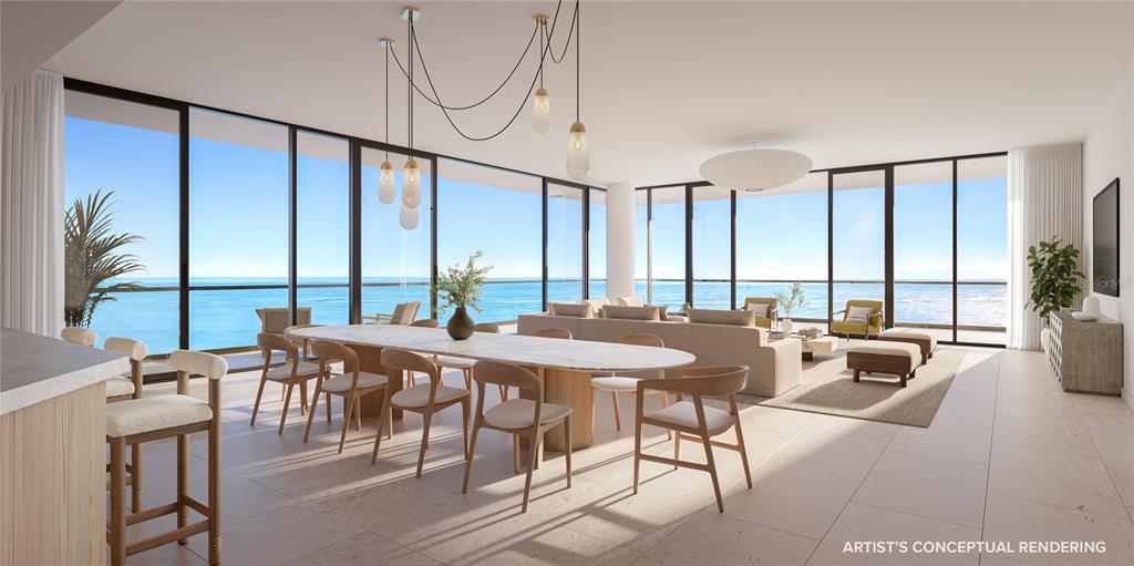 This artist's conceptual rendering shows an open-concept living and dining area with floor-to-ceiling ocean views — 197 AVENUE DE LA MER UNIT 706, PALM COAST, FL