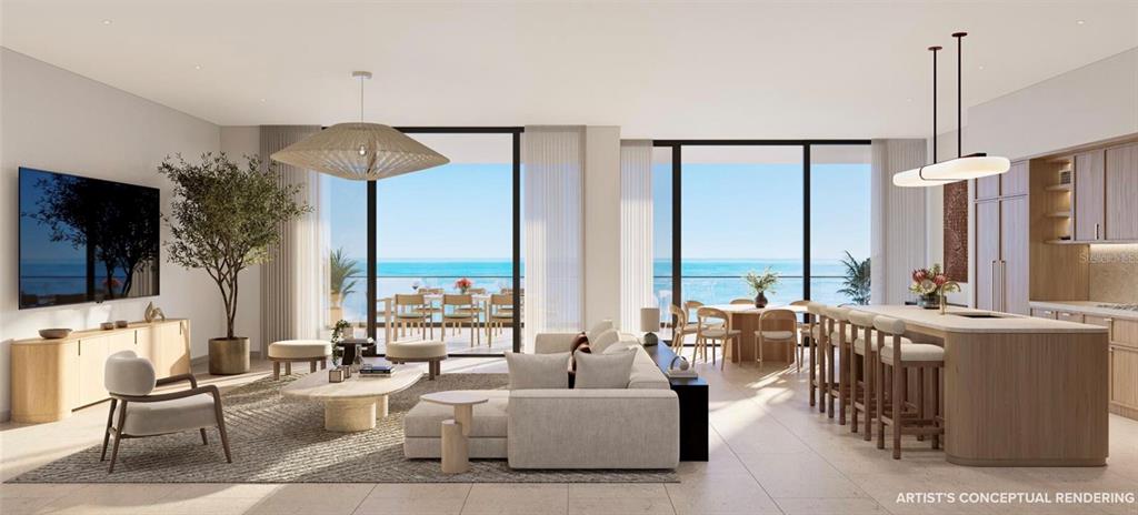This rendering shows an open-concept living and kitchen area with floor-to-ceiling windows overlooking the ocean — 197 AVENUE DE LA MER UNIT 706, PALM COAST, FL