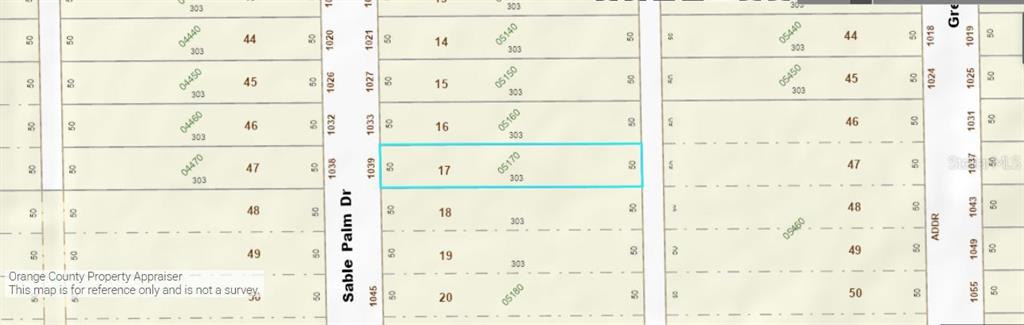 This image is a property tax map showing lot 17 highlighted in blue — 1039 SABLE PALM DRIVE, CHRISTMAS, FL