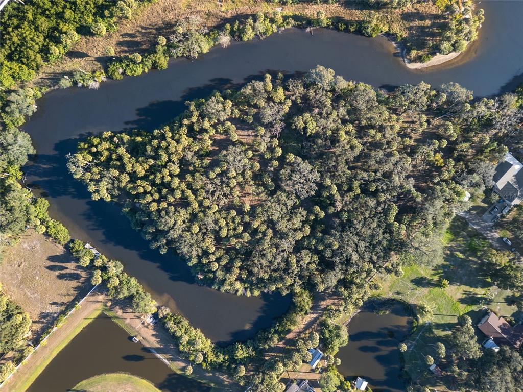 An aerial view shows a wooded island surrounded by a winding river and small ponds — 9511 RIVER COVE DRIVE, RIVERVIEW, FL