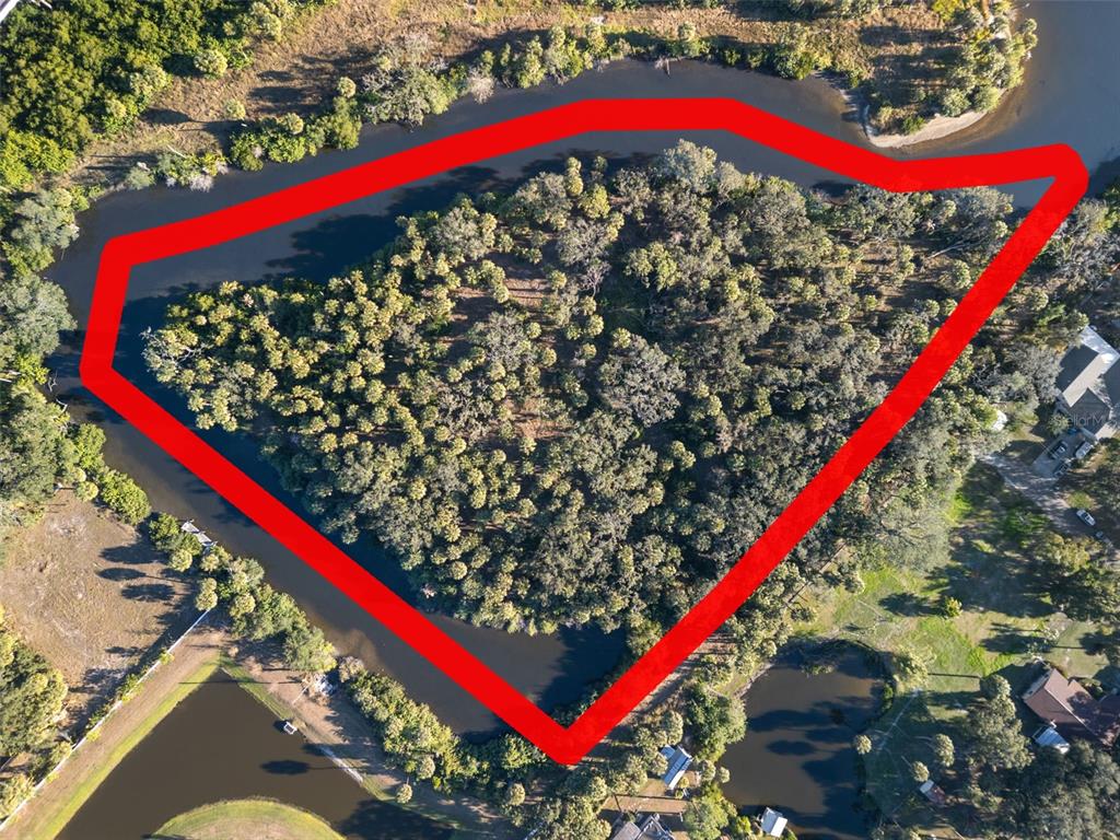 An aerial view shows a wooded island surrounded by water, outlined in red — 9511 RIVER COVE DRIVE, RIVERVIEW, FL