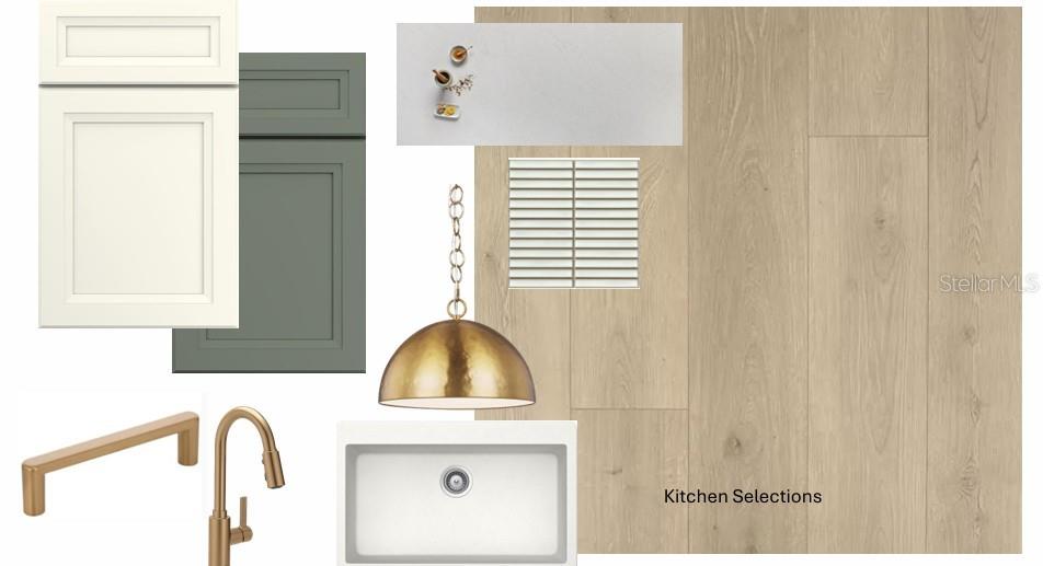 This rendering displays kitchen finish selections including cabinetry, countertops, flooring, hardware, lighting, and a sink — 7937 REFLECTION PARKWAY, BRADENTON, FL