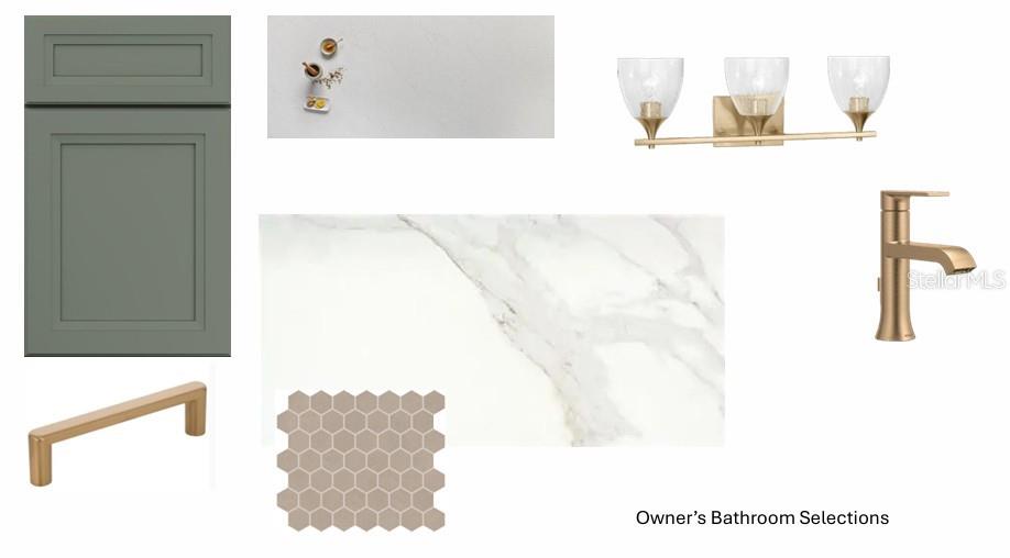 This design board displays material and fixture selections for an owner's bathroom renovation — 7937 REFLECTION PARKWAY, BRADENTON, FL