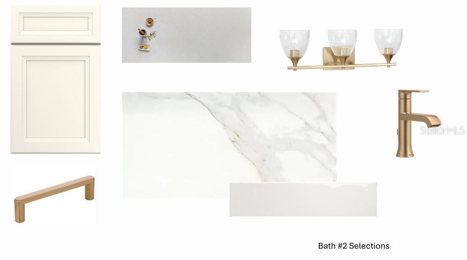 This design board for a bathroom features cream cabinetry, marble-look tiles, and gold-toned fixtures — 7937 REFLECTION PARKWAY, BRADENTON, FL