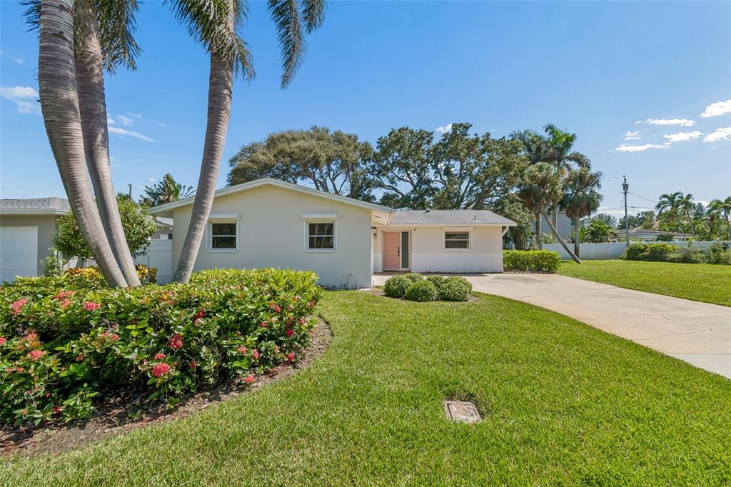 A single-story house with a light-colored exterior, a pink front door, and a palm tree — 114 8TH STREET, BELLEAIR BEACH, FL