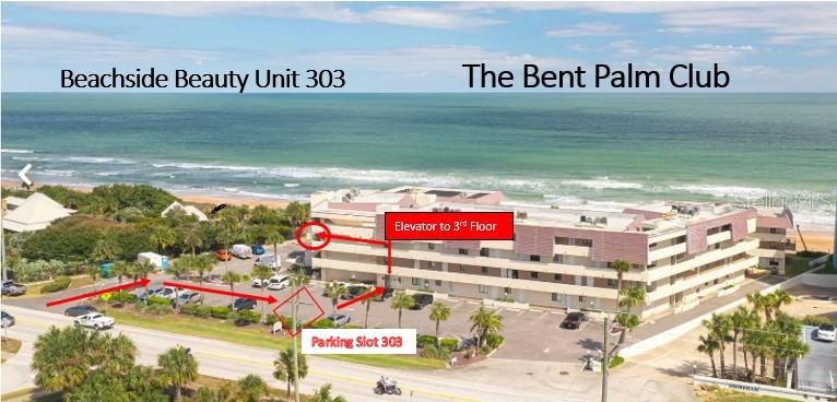 This aerial view shows a beachfront condominium building with marked parking and elevator access — 935 OCEAN SHORE BOULEVARD UNIT 303, ORMOND BEACH, FL