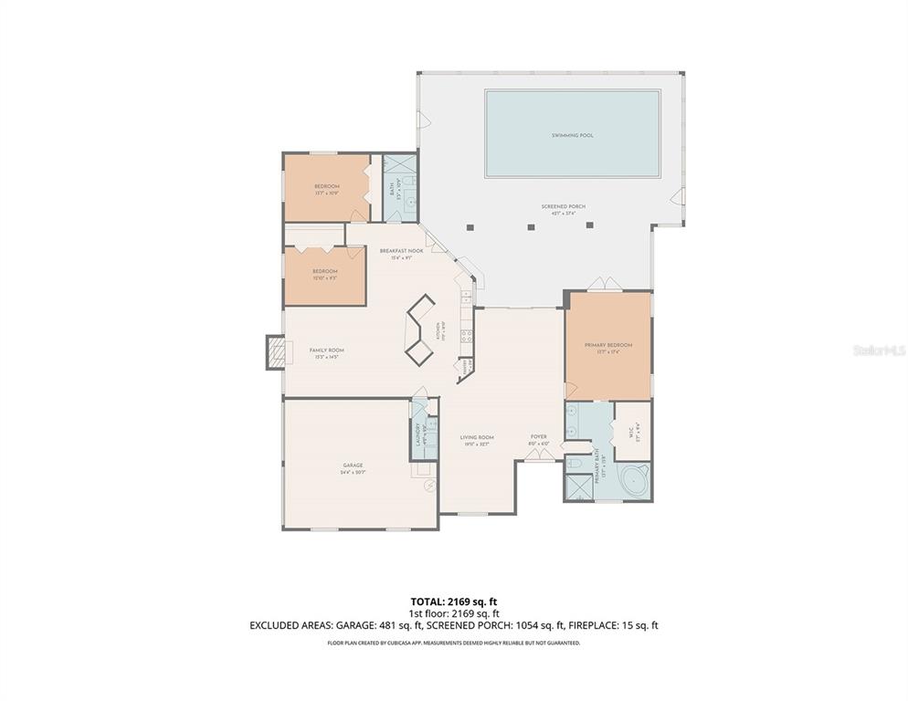 This is a floor plan of a single-story house featuring a pool and screened porch — 105 JACARANDA BOULEVARD, VENICE, FL