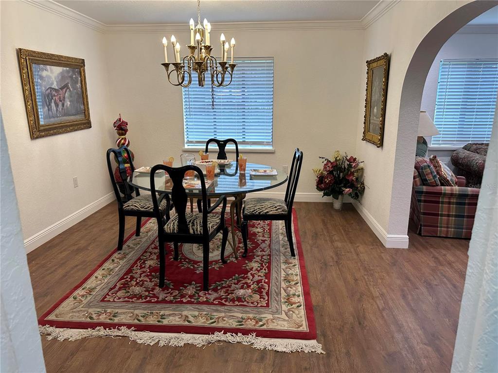 A dining room features a glass-topped table, black chairs, a chandelier, and a patterned rug — 17067 NW GAINESVILLE ROAD, REDDICK, FL